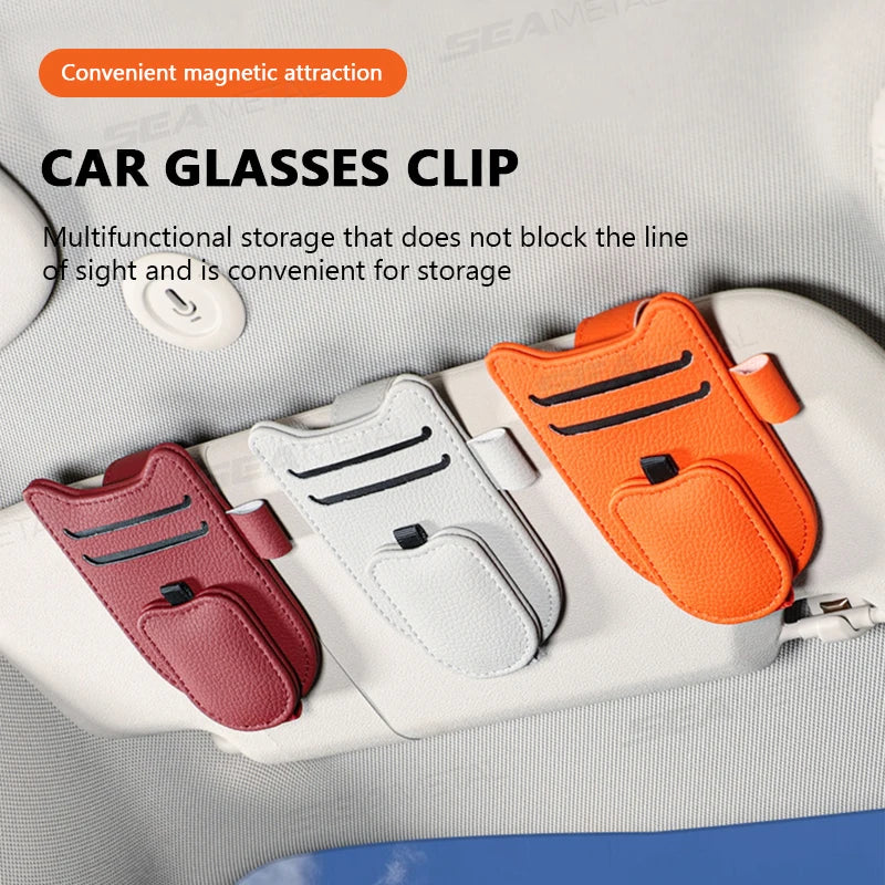 SEAMETAL Car Sun Visor Glasses Holder Magnetic Eyeglasses Hanger Clip Luxury Leatherette Car Sunglasses Holder Mount Universal