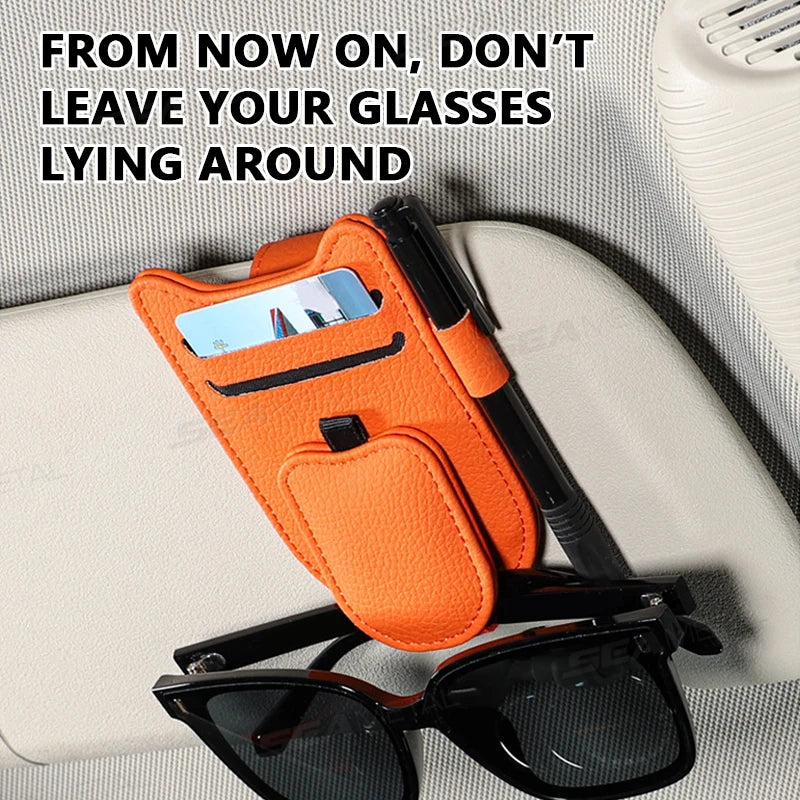 SEAMETAL Car Sun Visor Glasses Holder Magnetic Eyeglasses Hanger Clip Luxury Leatherette Car Sunglasses Holder Mount Universal