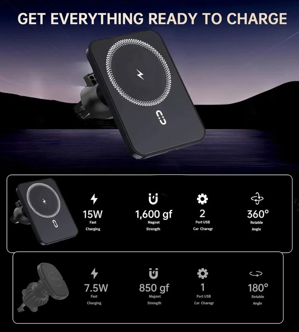 360 Rotation Magnetic Car Air Vent Phone Holder Stand Wireless Charger For Magsafe iPhone 17~12 Samsung Xiaomi Cellphone Bracket