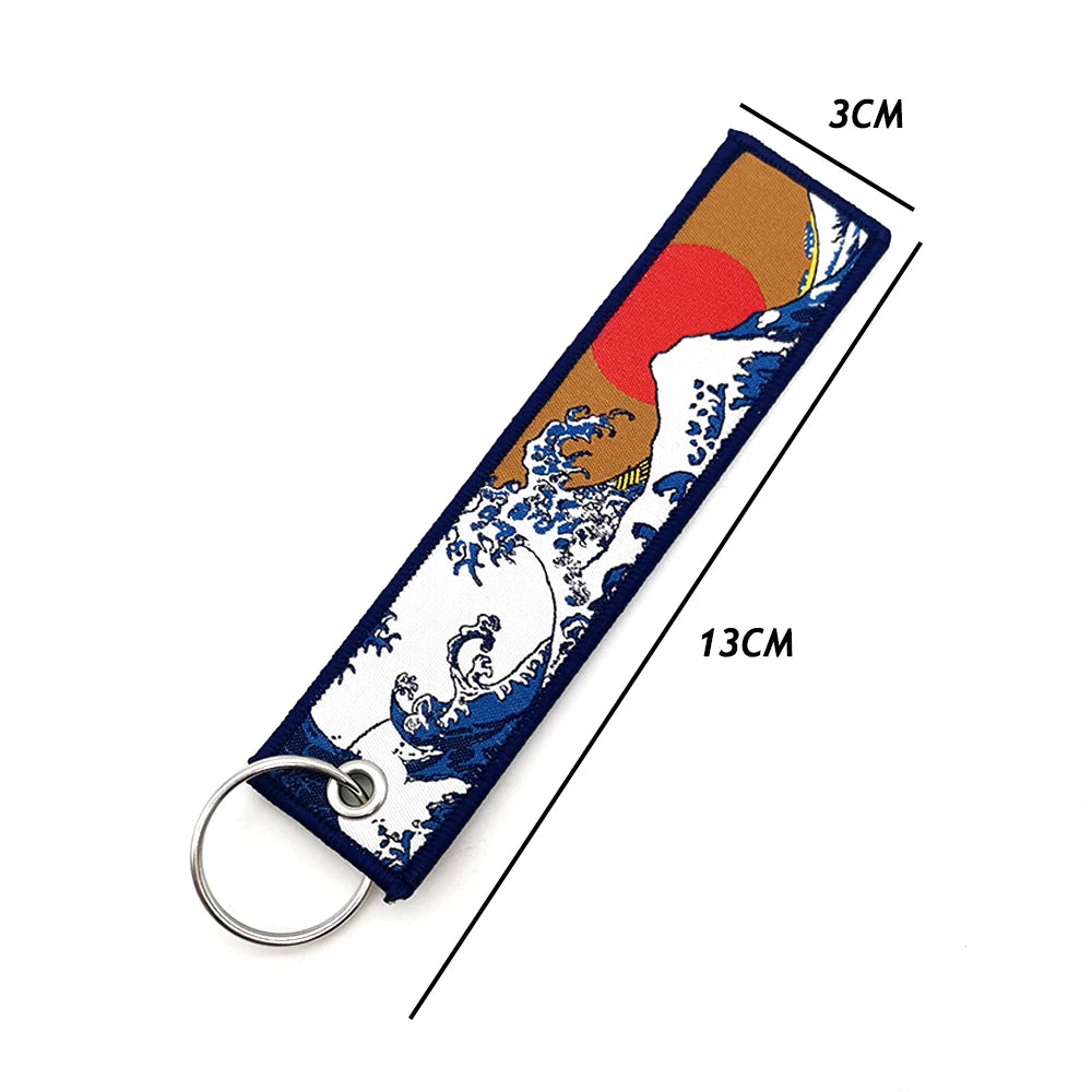 JDM Keychain Hokkaido Waves Fashion Tags Embroidered Short Cloth  Auto Holder KeyRing For Sea Sun Honda Toyota Auto Pendant