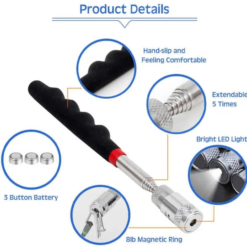1/3/5PCS Telescopic Magnetic Pickup Tool with LED Light Extendable Metal Magnet Stick for Auto Repair and Metal Parts Retrieval