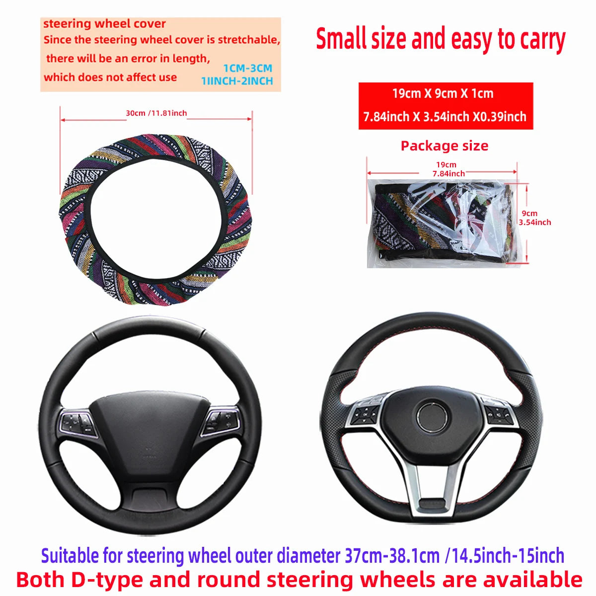 Bohemian Style Linen Breathable Non-slip Car Ornament without Inner Ring Steering Wheel Cover Fits 14.5-15inch