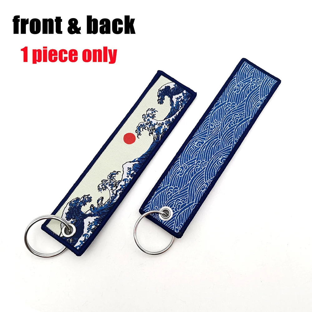 JDM Keychain Hokkaido Waves Fashion Tags Embroidered Short Cloth  Auto Holder KeyRing For Sea Sun Honda Toyota Auto Pendant