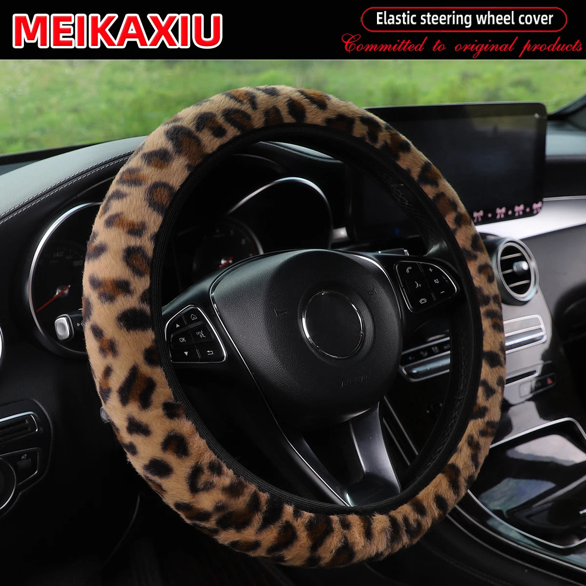 Leopard Print Steering Wheel Cover Winter Soft Comfortable Rimless Car Accessory for 14.5-15 Inch Steering Wheels