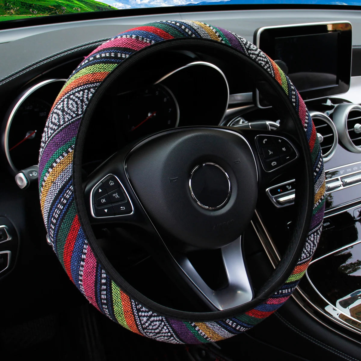 Bohemian Style Linen Breathable Non-slip Car Ornament without Inner Ring Steering Wheel Cover Fits 14.5-15inch