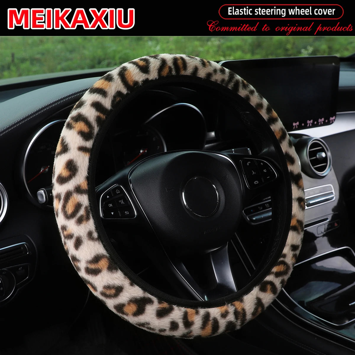 Leopard Print Steering Wheel Cover Winter Soft Comfortable Rimless Car Accessory for 14.5-15 Inch Steering Wheels