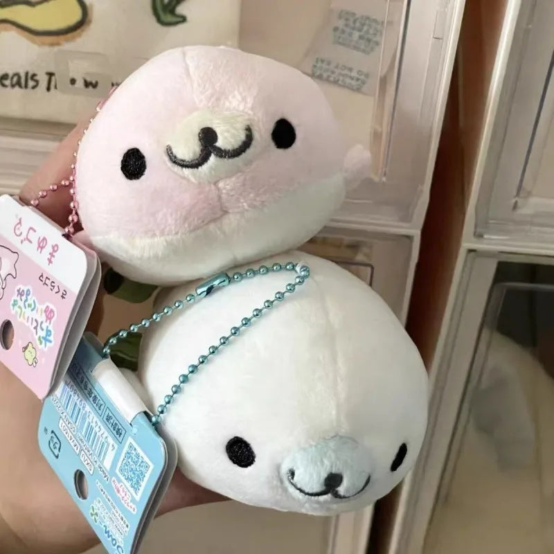 Adorable Fluffy Mamegoma Sakuragoma Shirogoma Seal plush Keychain SANX Pink White Seal Doll Girly Plush Backpack bag Hanging
