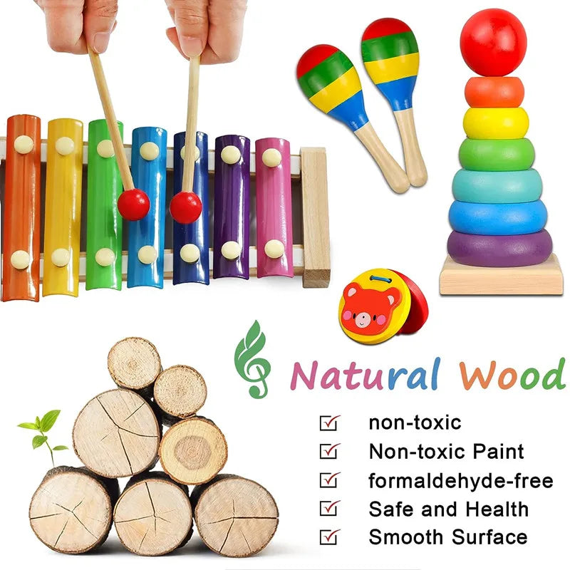 Kids Wooden Musical Instrument Toys Educational Montessori Early Learning Toys Baby Rattle Bell Drum Xylophone Toy Children Gift