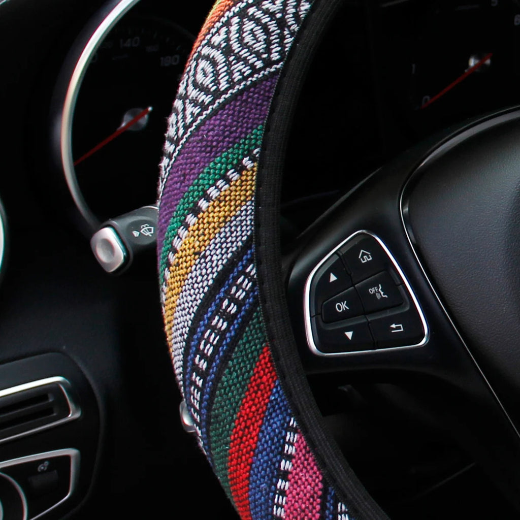 Bohemian Style Linen Breathable Non-slip Car Ornament without Inner Ring Steering Wheel Cover Fits 14.5-15inch