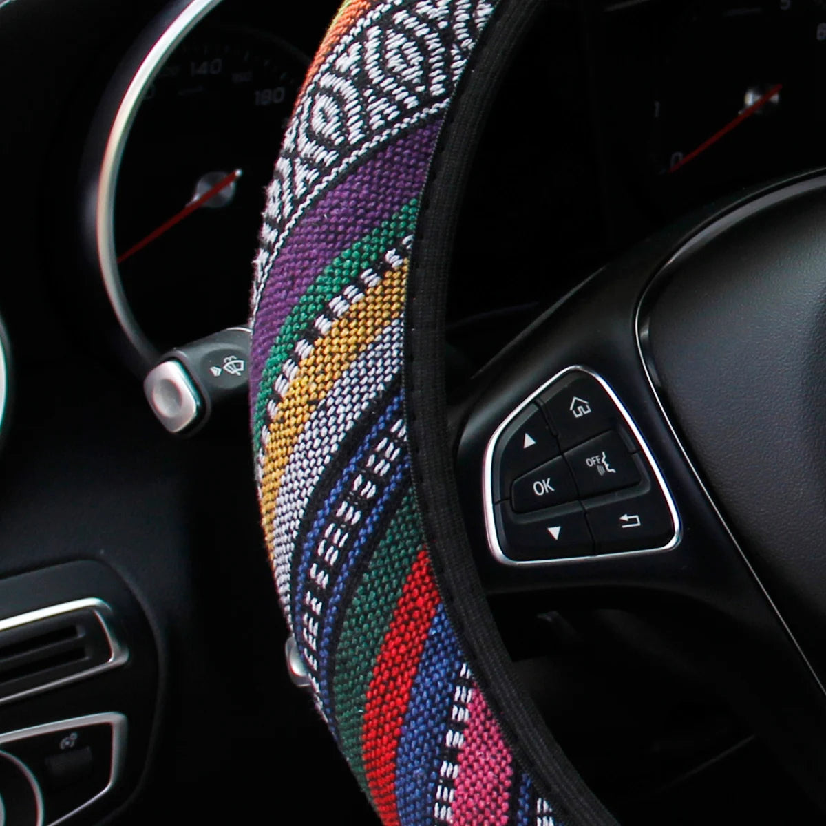 Bohemian Style Linen Breathable Non-slip Car Ornament without Inner Ring Steering Wheel Cover Fits 14.5-15inch