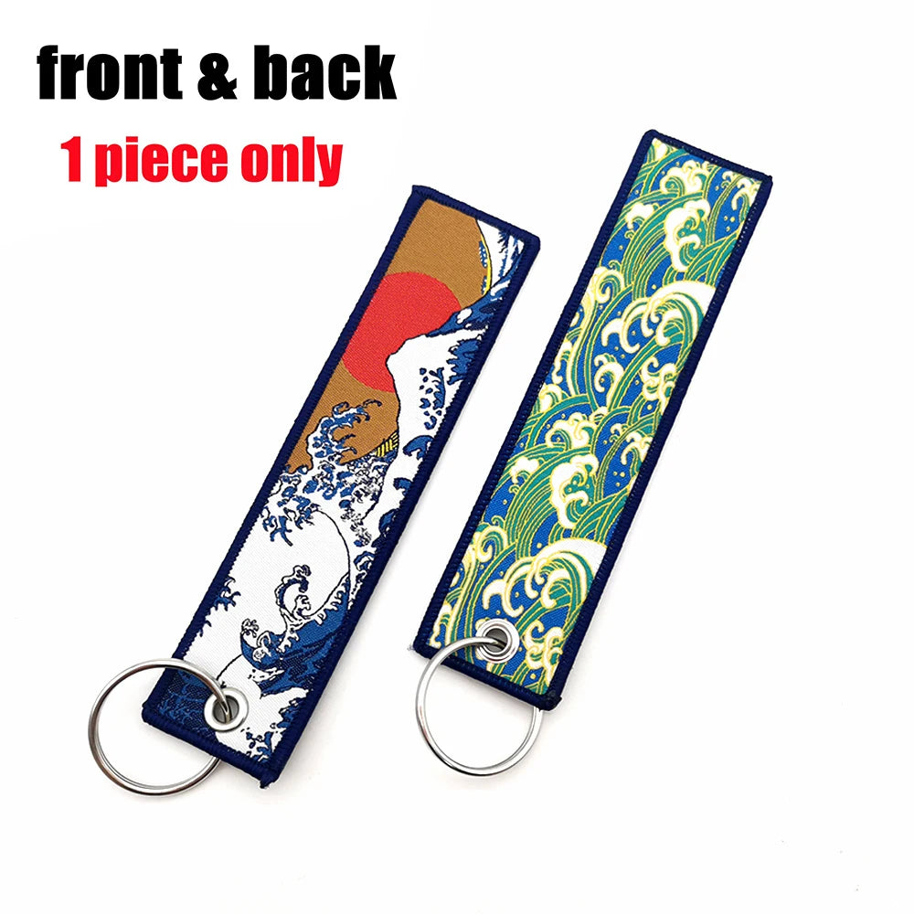 JDM Keychain Hokkaido Waves Fashion Tags Embroidered Short Cloth  Auto Holder KeyRing For Sea Sun Honda Toyota Auto Pendant