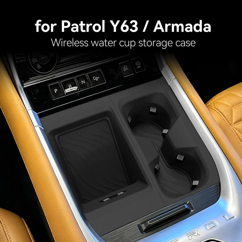 2 Pcs for Nissan Patrol Y63 2025 2026 Armada Wireless Charging Phone Mat & Cup Holder Silicone Liner Car Interior Accessories