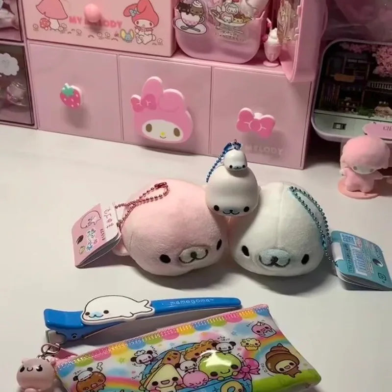 Adorable Fluffy Mamegoma Sakuragoma Shirogoma Seal plush Keychain SANX Pink White Seal Doll Girly Plush Backpack bag Hanging