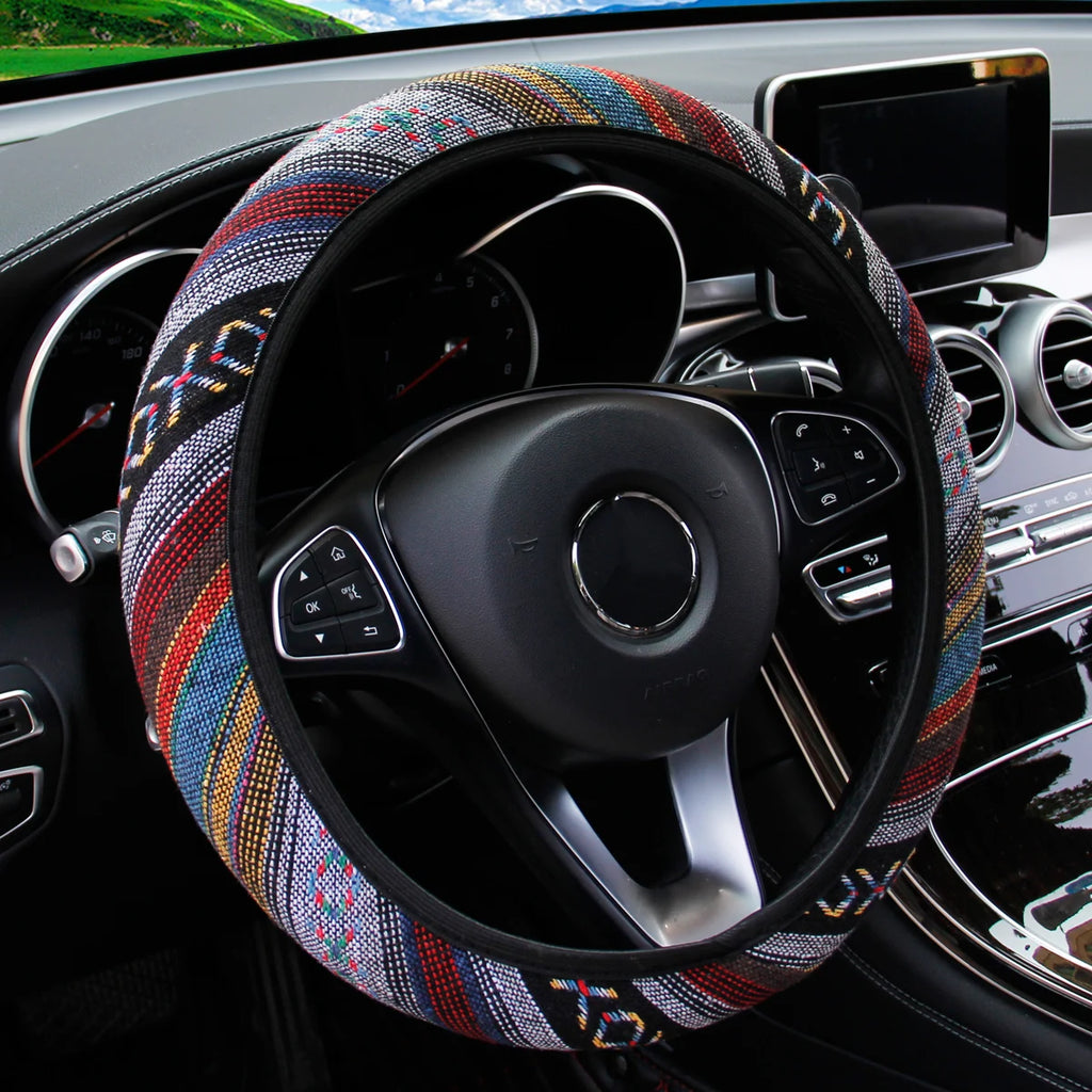 Bohemian Style Linen Breathable Non-slip Car Ornament without Inner Ring Steering Wheel Cover Fits 14.5-15inch