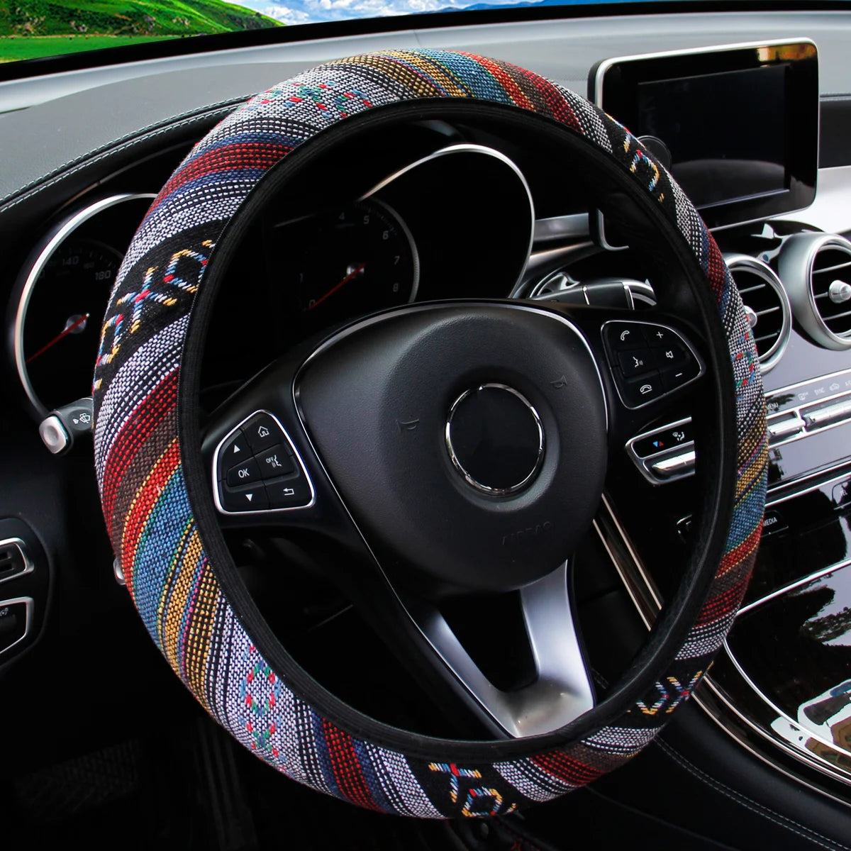 Bohemian Style Linen Breathable Non-slip Car Ornament without Inner Ring Steering Wheel Cover Fits 14.5-15inch