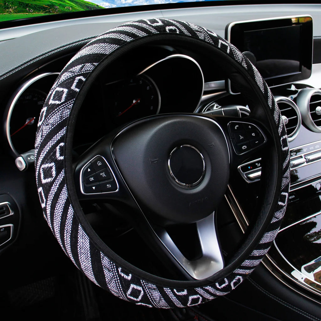 Bohemian Style Linen Breathable Non-slip Car Ornament without Inner Ring Steering Wheel Cover Fits 14.5-15inch