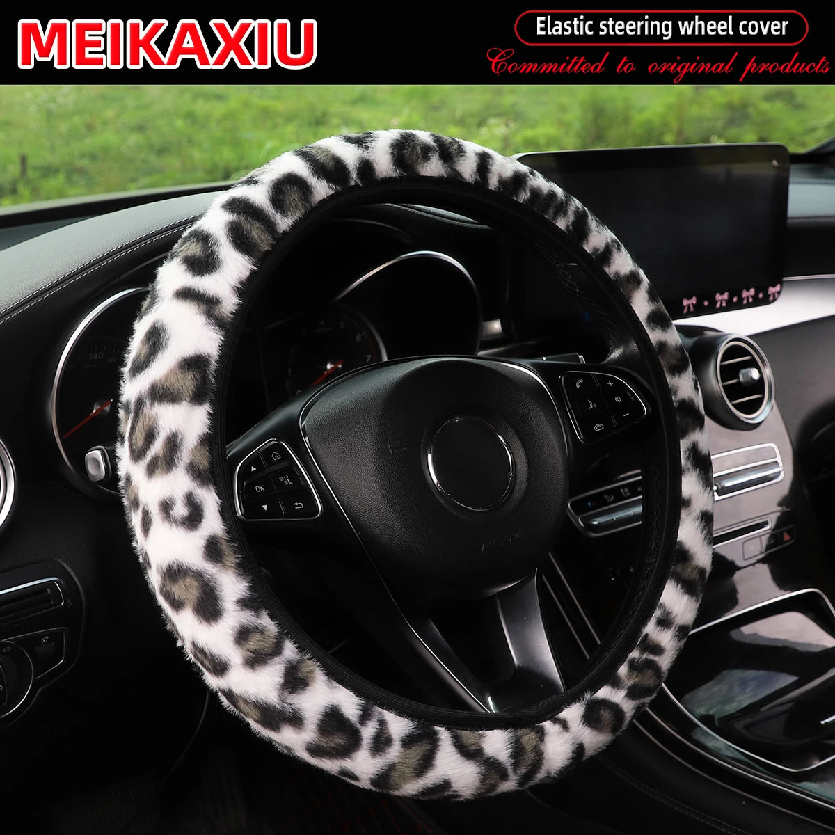 Leopard Print Steering Wheel Cover Winter Soft Comfortable Rimless Car Accessory for 14.5-15 Inch Steering Wheels