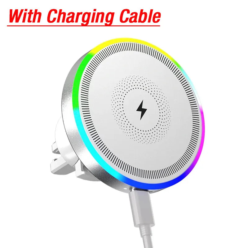RGB Light Car Magnetic Phone Holder Air Vent Stand Wireless Charger For Magsafe iPhone 16 15 14 13 12 Pro Max Fast Charging Dock