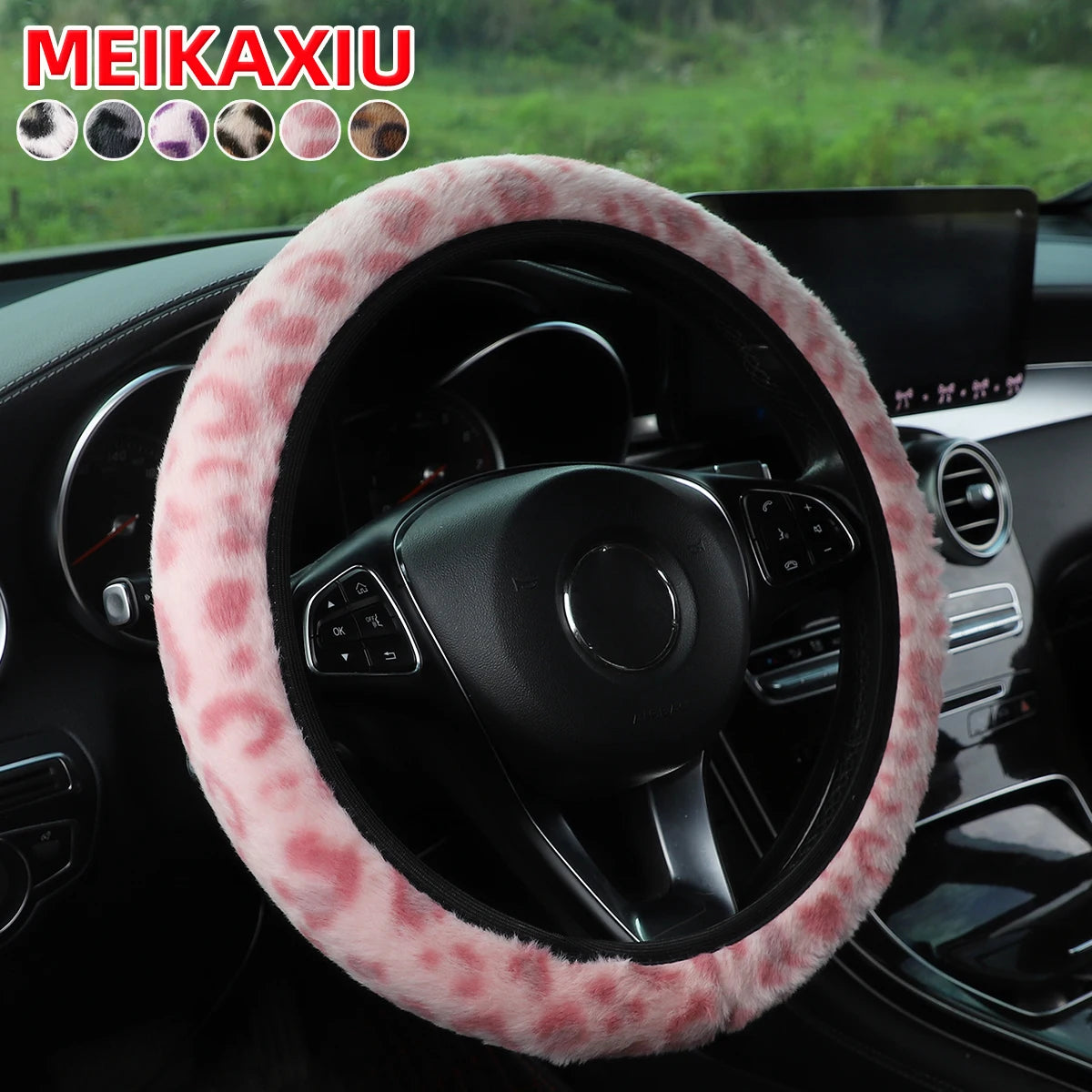 Leopard Print Steering Wheel Cover Winter Soft Comfortable Rimless Car Accessory for 14.5-15 Inch Steering Wheels
