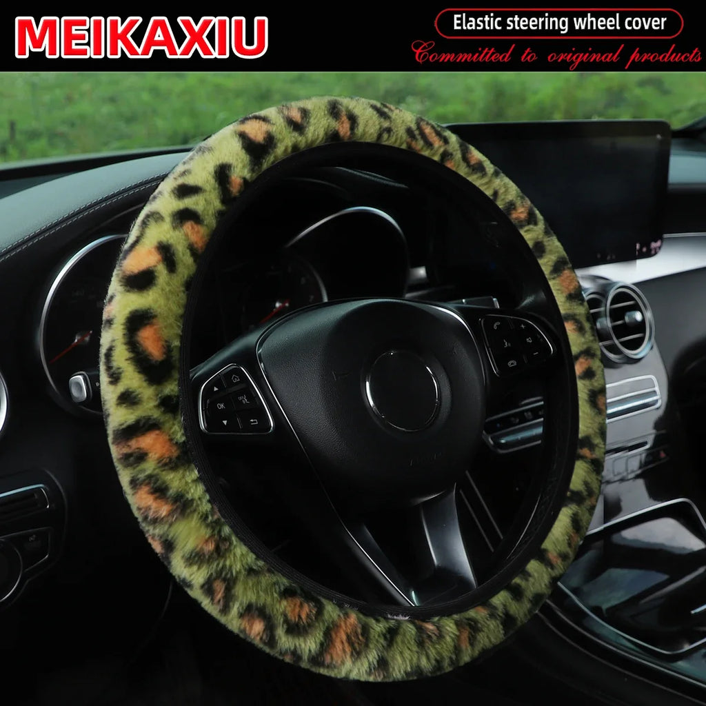 Leopard Print Steering Wheel Cover Winter Soft Comfortable Rimless Car Accessory for 14.5-15 Inch Steering Wheels