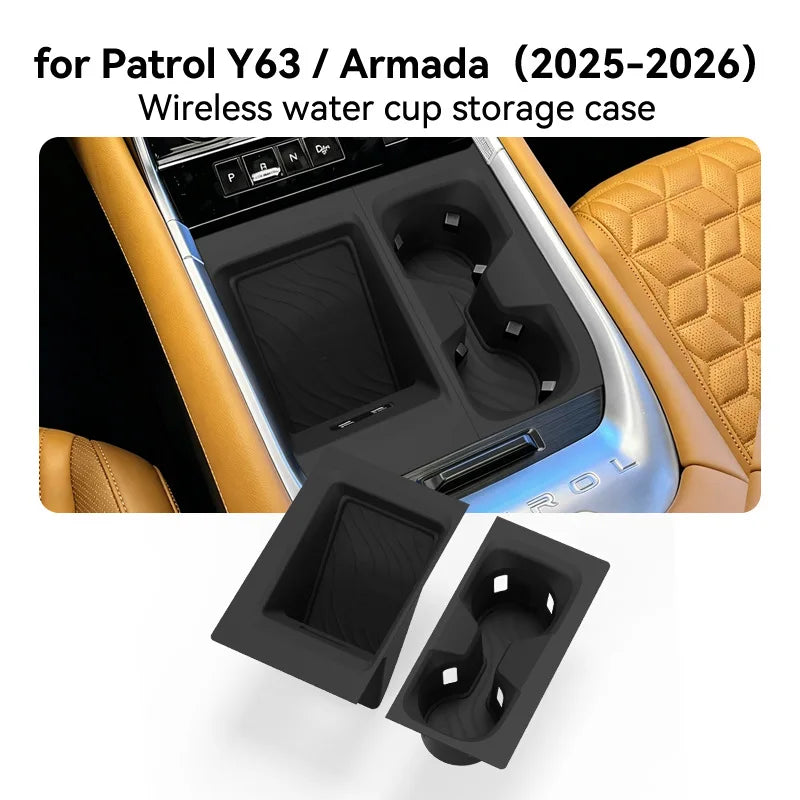 2 Pcs for Nissan Patrol Y63 2025 2026 Armada Wireless Charging Phone Mat & Cup Holder Silicone Liner Car Interior Accessories