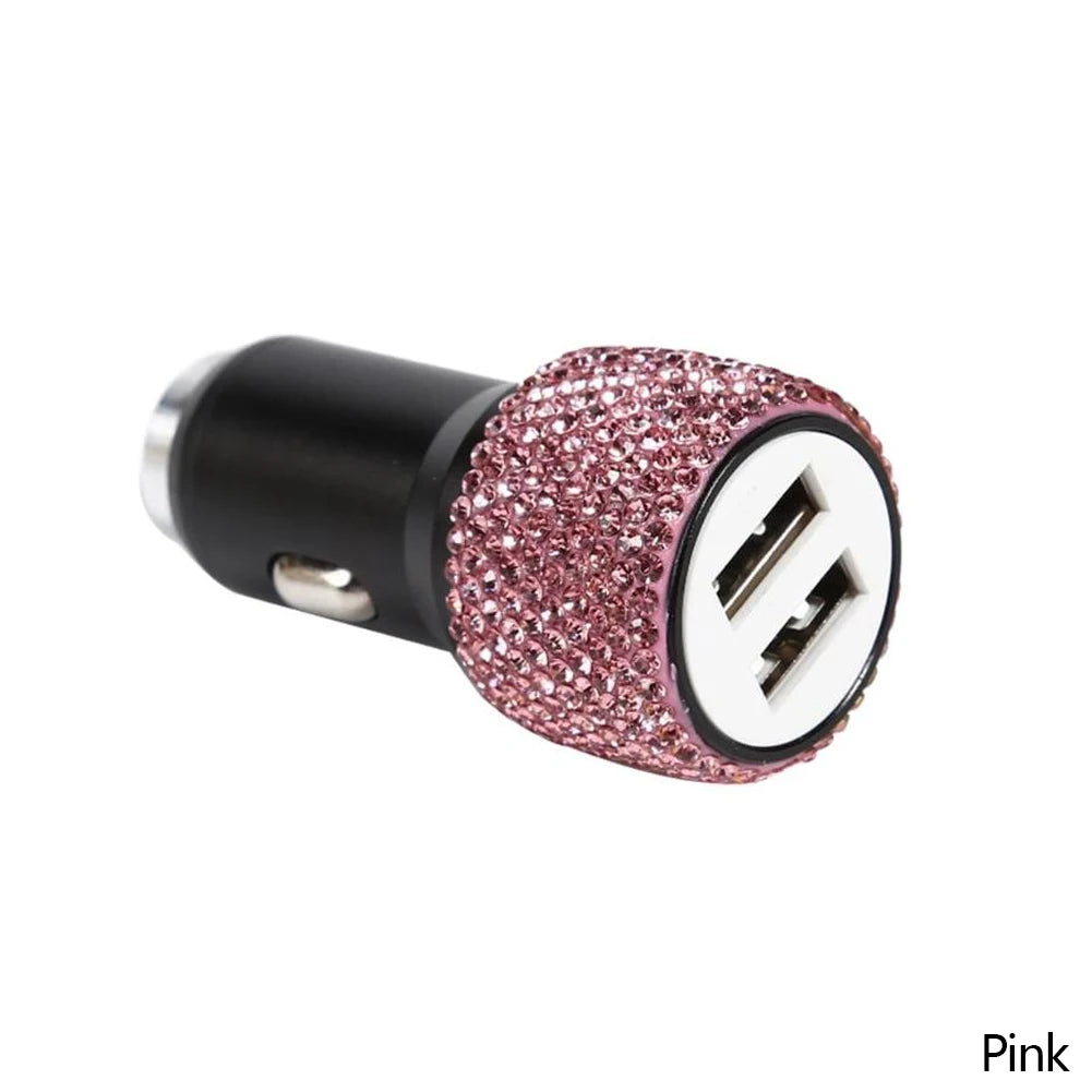 New Bling USB Car Charger 5V 2.1A Dual Port Fast Adapter Pink Car Decor Car Styling Diamond Car Accessories Interior for Woman