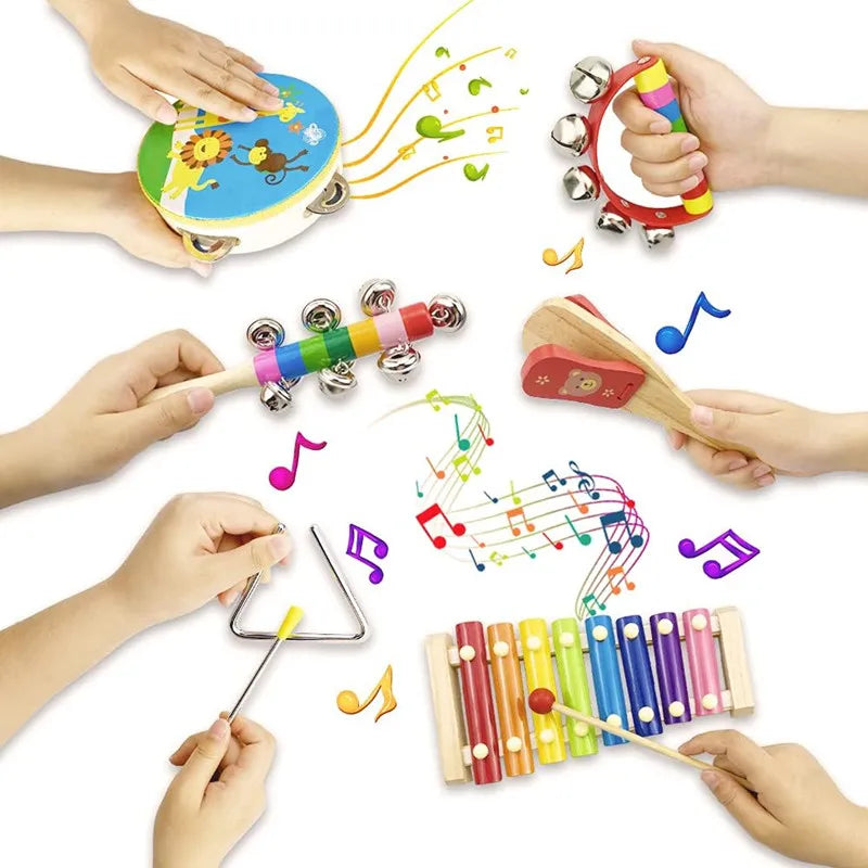 Kids Wooden Musical Instrument Toys Educational Montessori Early Learning Toys Baby Rattle Bell Drum Xylophone Toy Children Gift