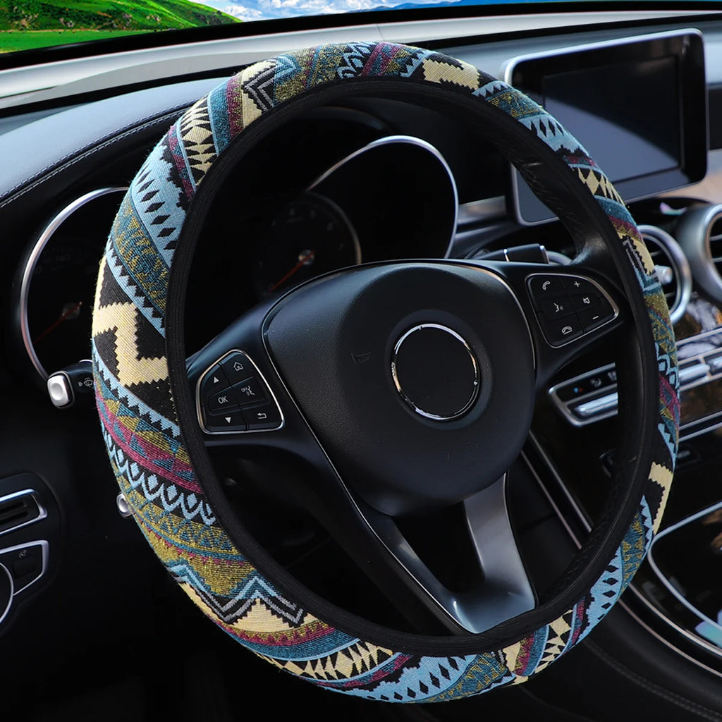 Bohemian Style Linen Breathable Non-slip Car Ornament without Inner Ring Steering Wheel Cover Fits 14.5-15inch