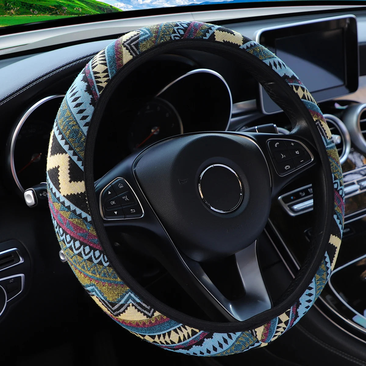 Bohemian Style Linen Breathable Non-slip Car Ornament without Inner Ring Steering Wheel Cover Fits 14.5-15inch