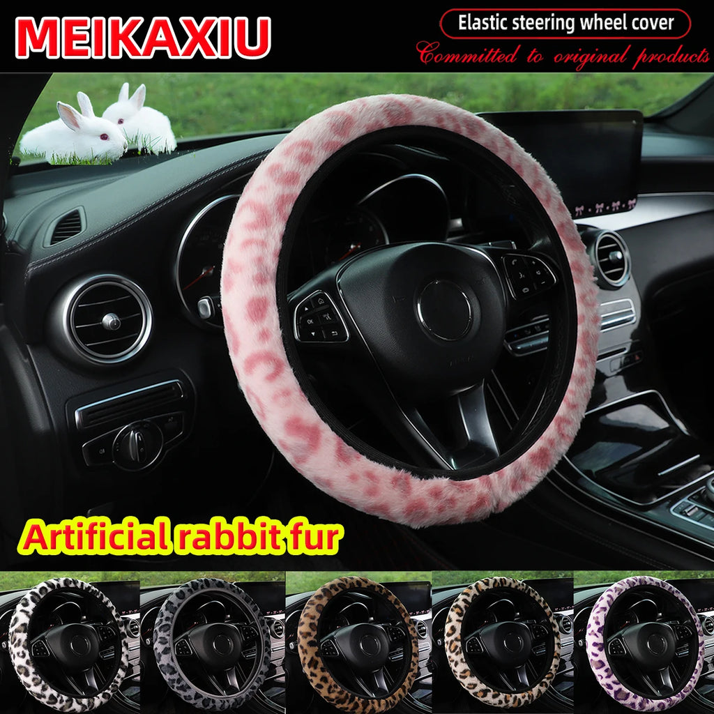 Leopard Print Steering Wheel Cover Winter Soft Comfortable Rimless Car Accessory for 14.5-15 Inch Steering Wheels